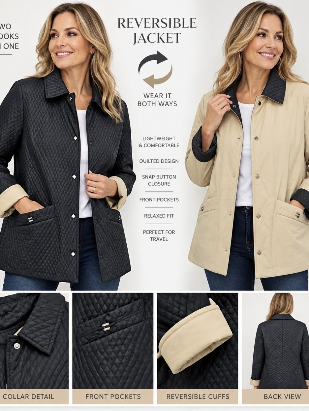 Reversible Jacket, Black  Beige, Size L Lightweight